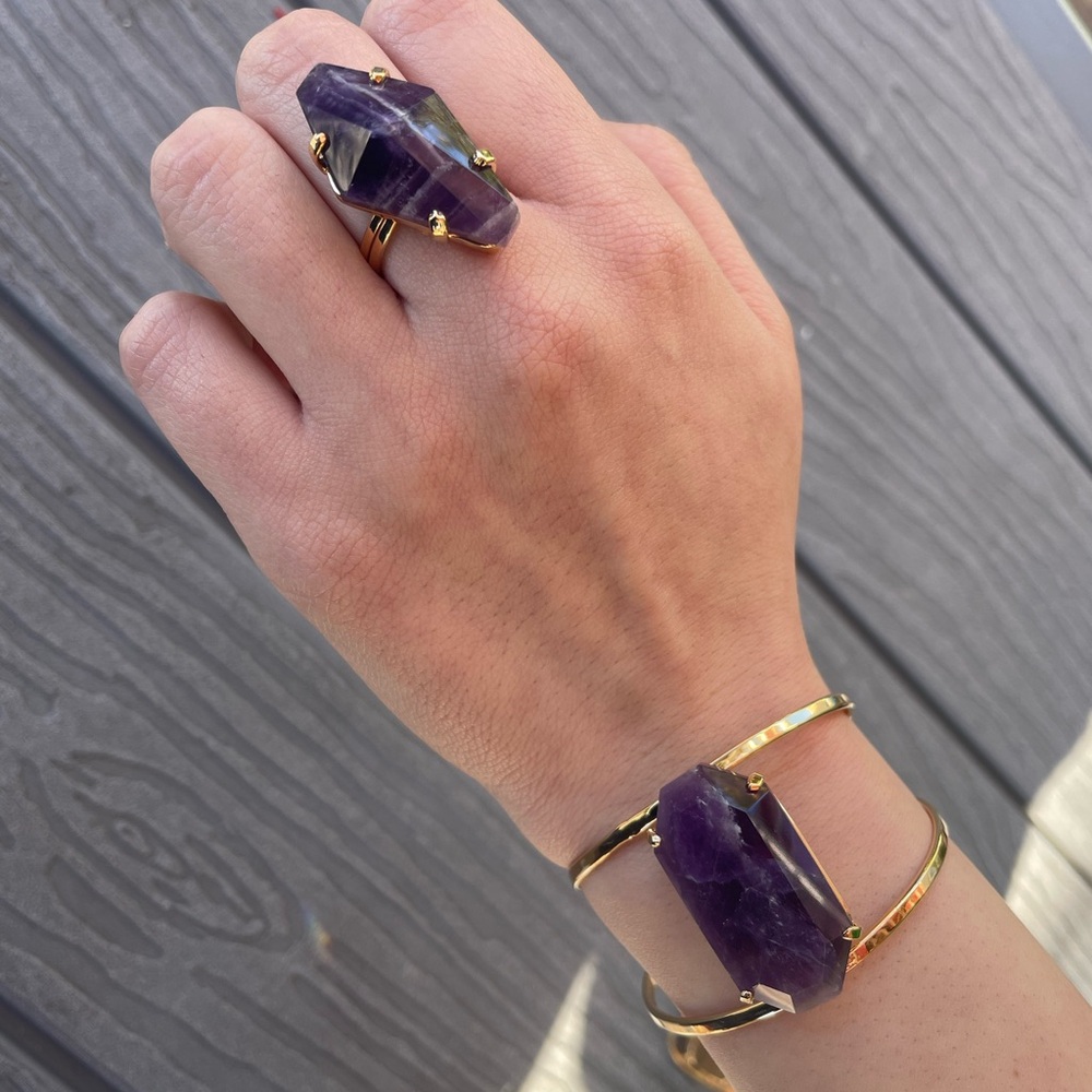 Amethyst Statement Set Adjustable Gold Cuff & Rin… - image 3